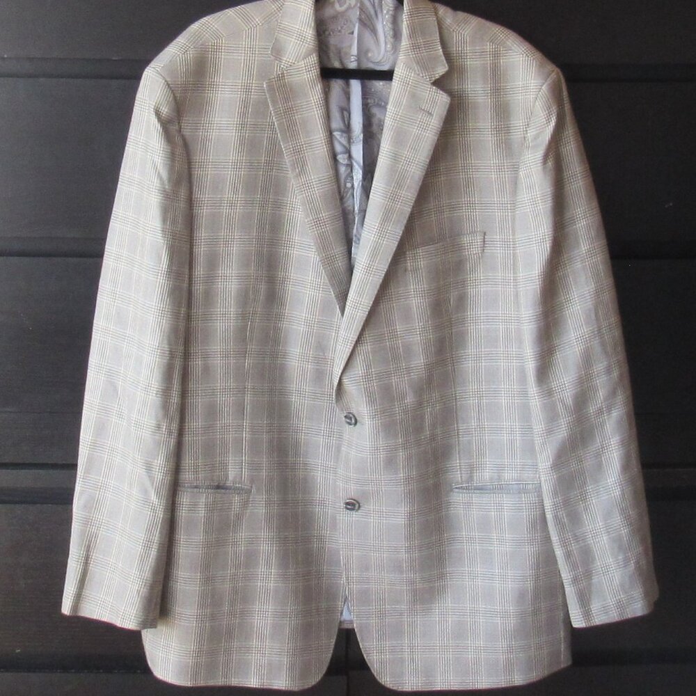Tallia Grey / Beige Plaid Blazer / Jacket, Size 50 L, Silk / Wool Blend,   R229